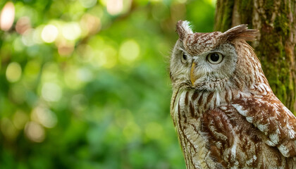 Fototapeta premium A Wise Owl Perched on Tree in a Lush Garden and Copy Space