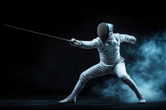 A fencer dressed in full gear, including a mask and a reflective suit, strikes an aggressive pose with their sword against a smoky, dark background. Perfect for fencing enthusiasts.