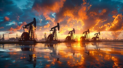 Pumpjacks operating at sunset near an oil field reflecting vibrant colors on the water