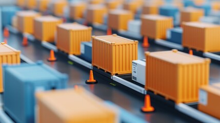 Obraz premium A detailed view of colorful shipping containers lined up in a freight yard, highlighting logistics and transportation efficiency.