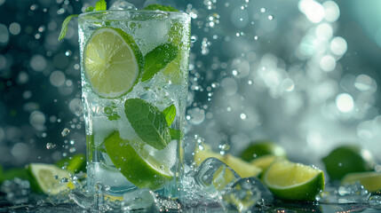 A lime mojito, packed with fresh lime slices and mint leaves, served in a chilled glass with ice cubes, against a blurred background