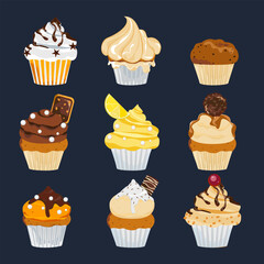 Food vector illustration, bakery, cupcake, cake, cream, pastry, handmade bread, cooking, sweet products, food menu. Empty isolated on white background. For posters, signs, cards, and advertisements.