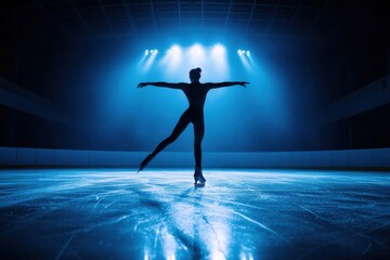 A solo ice skater performs against a backdrop of bright blue lights, striking a mid-performance pose. The scene exudes poise and elegance on an atmospheric icy stage.
