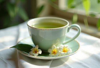 A cup of green tea with flowers on a white tablecloth.