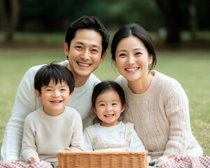 A joyful family enjoying a picnic in the park, smiling together with two children in cozy sweaters beside a picnic basket.