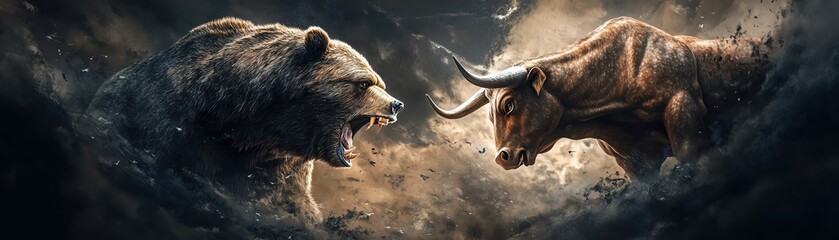 A formidable bear and a resolute bull face off amidst fluctuating market trends, their symbolic stances reflecting the dynamic movement and behavior of the financial markets