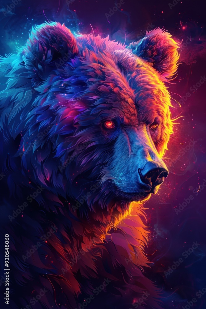 Sticker A close up portrait of a majestic grizzly bear with glowing fur against a cosmic backdrop.