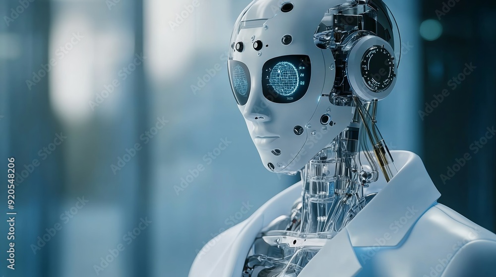 Poster futuristic humanoid robot with transparent design and glowing features in a modern setting