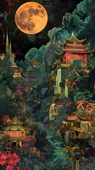 Fototapeta premium Chinese landscape with a colorful scene illustration background poster decorative painting