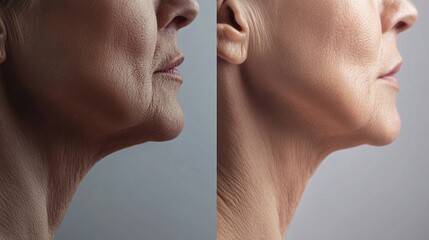 Obraz premium close-up before and after comparison of mature woman's neck and lower face showing skin tightening and anti-aging results
