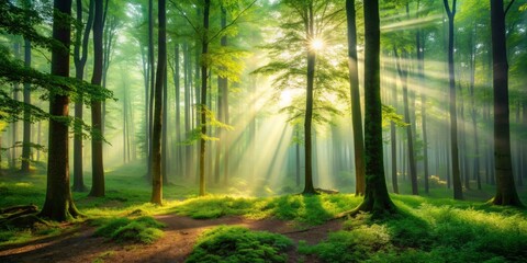 Serene vibrant green forest surrounded by towering trees, soft misty fog, and warm sunlight filtering through, perfect for inspiring and uplifting quote backgrounds.