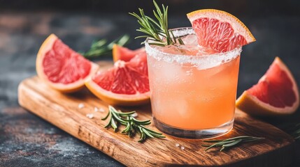 Grapefruit cocktail with rosemary garnish in a glass, served on a wooden cutting board. Vibrant, refreshing drink perfect for summer menu or cocktail recipes. Greyhound, lemonade, paloma, mocktail 