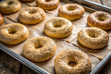 Freshly shaped raw bagels rest on a baking tray lined with crinkled parchment paper, awaiting oven transformation into golden brown deliciousness.