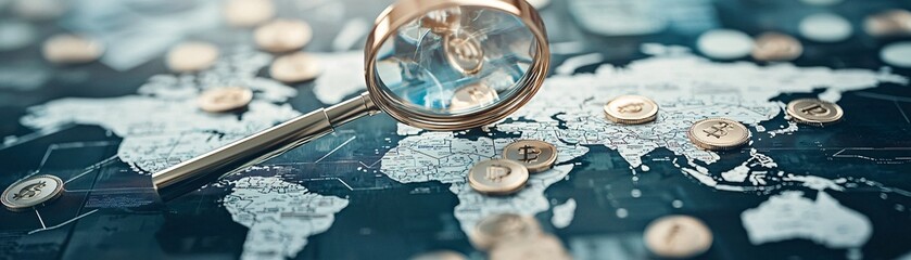 A magnifying glass hovers over a world map dotted with various currency signs, symbolizing the detailed analysis required for understanding the impact of currency fluctuations on global investments,