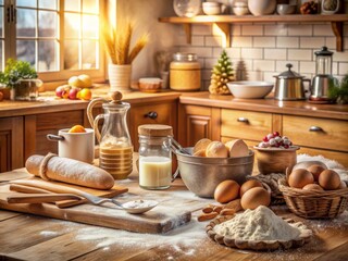 Fototapeta premium Warm and inviting kitchen scene with flour-covered countertops, baking utensils, and a few freshly baked treats, evoking a sense of joy and domesticity.