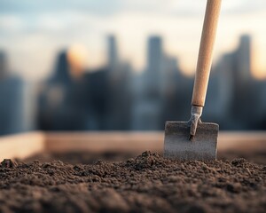 A close-up of a shovel digging into rich soil, with a blurred city skyline in the background, symbolizing urban gardening.