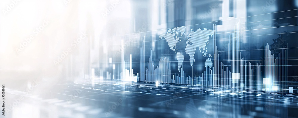Poster a bar graph showing fluctuating currency values with a world map background, symbolizing the impact 