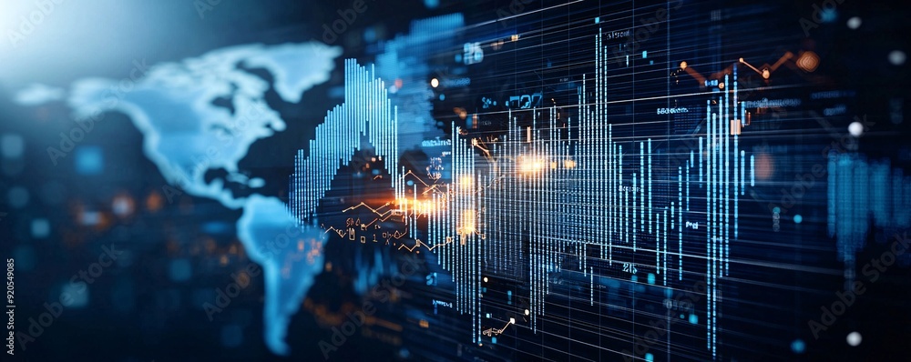 Poster a bar graph showing fluctuating currency values with a world map background, symbolizing the impact 