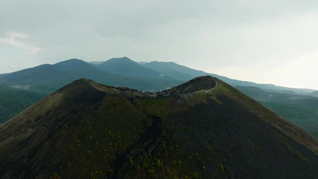 DRONE SHOT OF PARICUTIN VOLCANO AT MICHOACAN ON A CLOUDY DAY