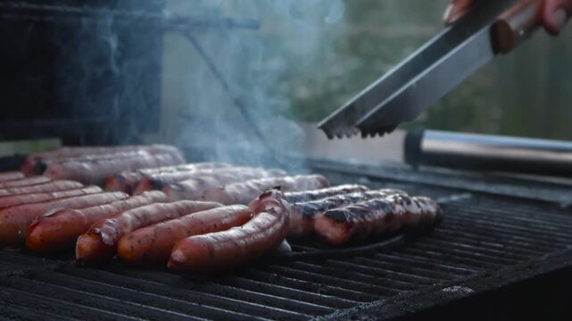 Footage captures slowly moving sausages grilling placing sausages on the grill to cook evenly on all sides while they get burn stripes, surrounded by smoke coming from the barbecue in 4K in the summer