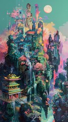Fototapeta premium Chinese landscape with a colorful scene illustration background poster decorative painting