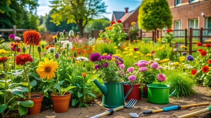 Vibrant flowers and lush greenery thrive in a well-maintained school garden, surrounded by tiny gardening tools and watering cans, awaiting students' tender care.