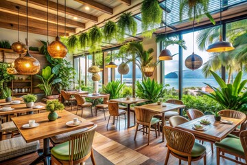 Obraz premium Tranquil coastal eatery boasts lush greenery, ample natural light, and a chic blend of modern and tropical decor, creating a relaxing atmosphere.