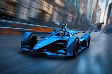 An electric race car zooms through a city street track, representing speed, innovation, and the electric vehicle revolution, while capturing the adrenaline and excitement of racing.
