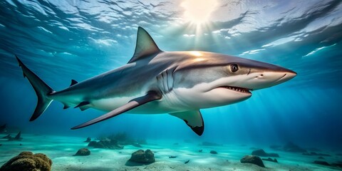 Naklejka premium Menacing gray reef shark glides through turquoise waters, its sharp teeth and piercing gaze on full display as it hunts for unsuspecting prey in the open ocean.