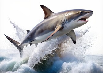 Fototapeta premium A majestic grey shark leaps powerfully out of the waves, its streamlined body and fins glistening, against a clean white isolated studio background.