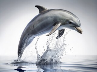 Obraz premium Adorable dolphin leaping upward, its sleek gray body arcing through the air, surrounded by subtle water droplets, against a pristine white studio background, isolated.