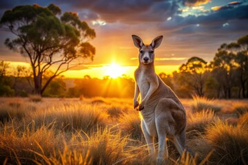 Majestic kangaroo stands poised in a serene Australian outback scene, warm sunset hues casting a golden glow on its fur, surrounded by native grasses and trees.