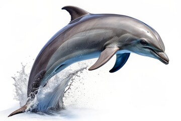 Naklejka premium Majestic dolphin leaps out of the water, its sleek gray body arcing in a majestic jump, isolated on a transparent background with no distractions.