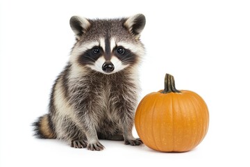 Fototapeta premium Raccoon sitting next to a small pumpkin on a white background