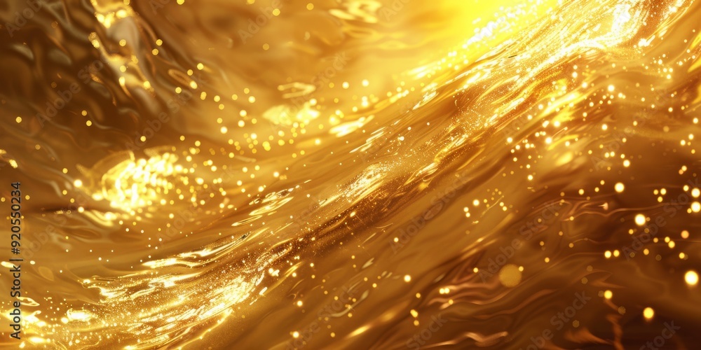 Poster an enchanting and mesmerizing depiction of flowing waves in rich golden hues filled with sparkling p