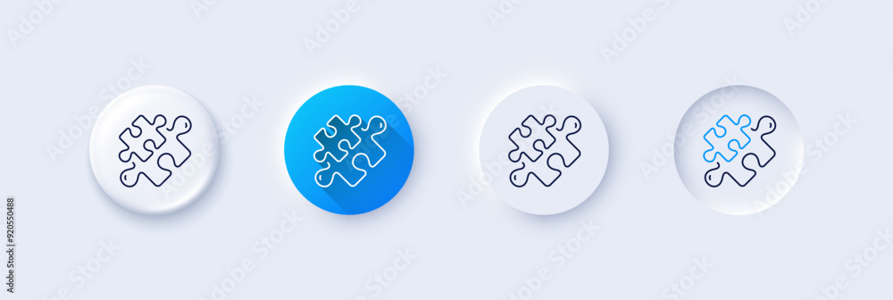 Poster puzzle pieces line icon. neumorphic, blue gradient, 3d pin buttons. jigsaw game challenge sign. busi