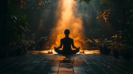 Person Meditating in a Peaceful Zen Garden with Nootropic Supplements Nearby, Surrounded by Lush Foliage and Illuminated by Soft, Golden Light, Creating a Serene and Focused Atmosphere