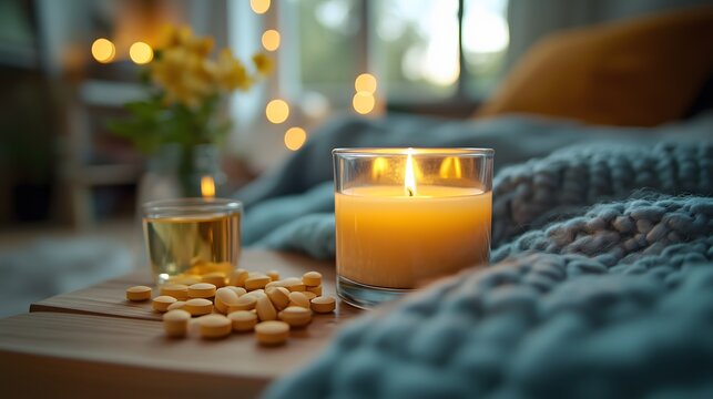 Cozy Bedroom Ambiance with Nootropic Supplements and Glass of Water on Bedside Table Next to a Lit Candle, Creating a Warm and Inviting Atmosphere for Sleep Preparation