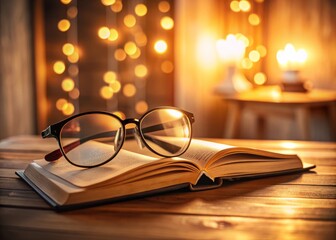 Cozy interior scene featuring a pair of glasses lying on an open book on a wooden table, surrounded by comforting warm lighting and soft shadows.