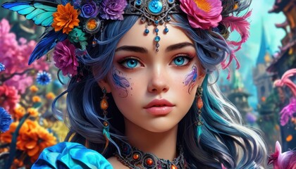 Naklejka premium Fantasy Woman with Flowers and Blue Butterfly Wings.