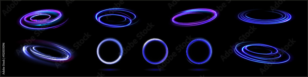 Wall mural neon swirl. curve blue line light effect. abstract ring background with glowing swirling background.