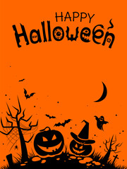 Halloween banner with black pumpkins and bats on the orange background, Illustration with place for text.
