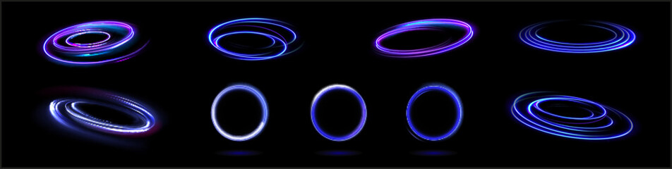 Neon swirl. Curve blue line light effect. Abstract ring background with glowing swirling background. Energy flow tunnel. Blue portal, platform. Magic circle vector.