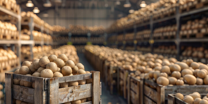 Vegetable warehouse, wooden box with selected fresh potatoes on warehouse background, selective focus.