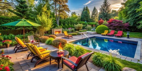 Obraz premium Vibrant backyard setting with a sizzling barbecue grill, refreshing swimming pool, colorful lounge chairs, and lush greenery, evoking a sense of summer fun and relaxation.