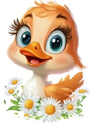 Obraz premium Cute cartoon duckling with big eyes and a smile surrounded by white daisies.