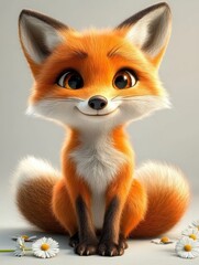 Obraz premium A cute, cartoon-style fox sits on a white background with daisies around it. The fox has large eyes, a bushy tail, and is smiling.