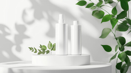 plastic tubes for cosmetics on a white podium in a white room close up