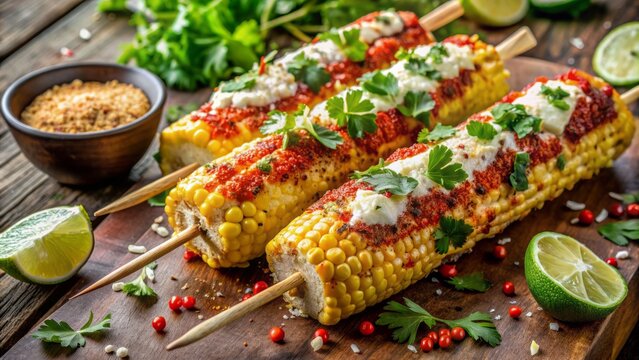 Vibrant summer barbecue setup featuring Mexican elotes slathered with melted cheese, sprinkled with chili powder, and garnished with fresh lime wedges and cilantro.