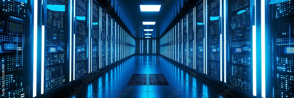 Poster a futuristic corridor of a high-tech data center, featuring rows of server racks, illuminated by coo